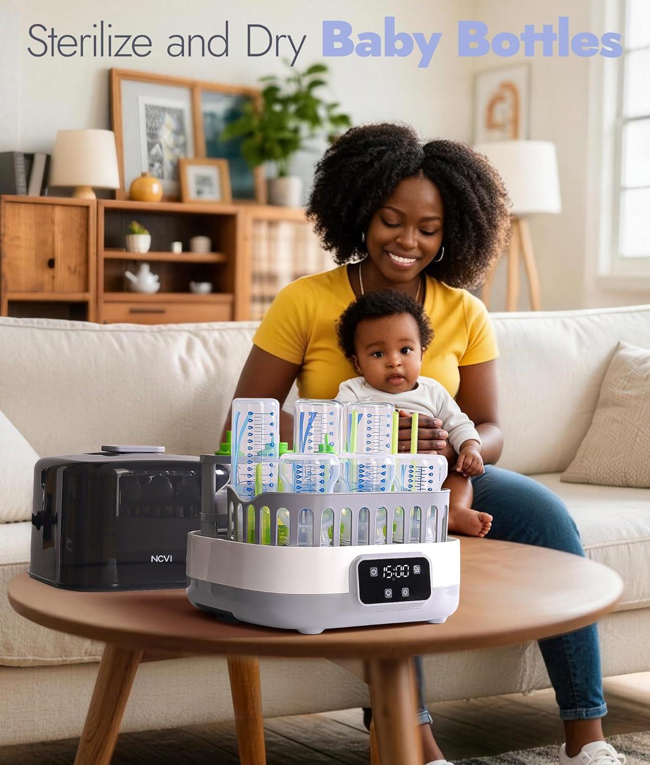 image:imageNCVI 20Minute Baby Bottle Steamer Sterilizer and Dryer with 2 Bottle Trays for 8 Bottles Fast Electric Steam Sterilization Disinfection for All Bottles Pacifiers Teether and Breast Pump Parts