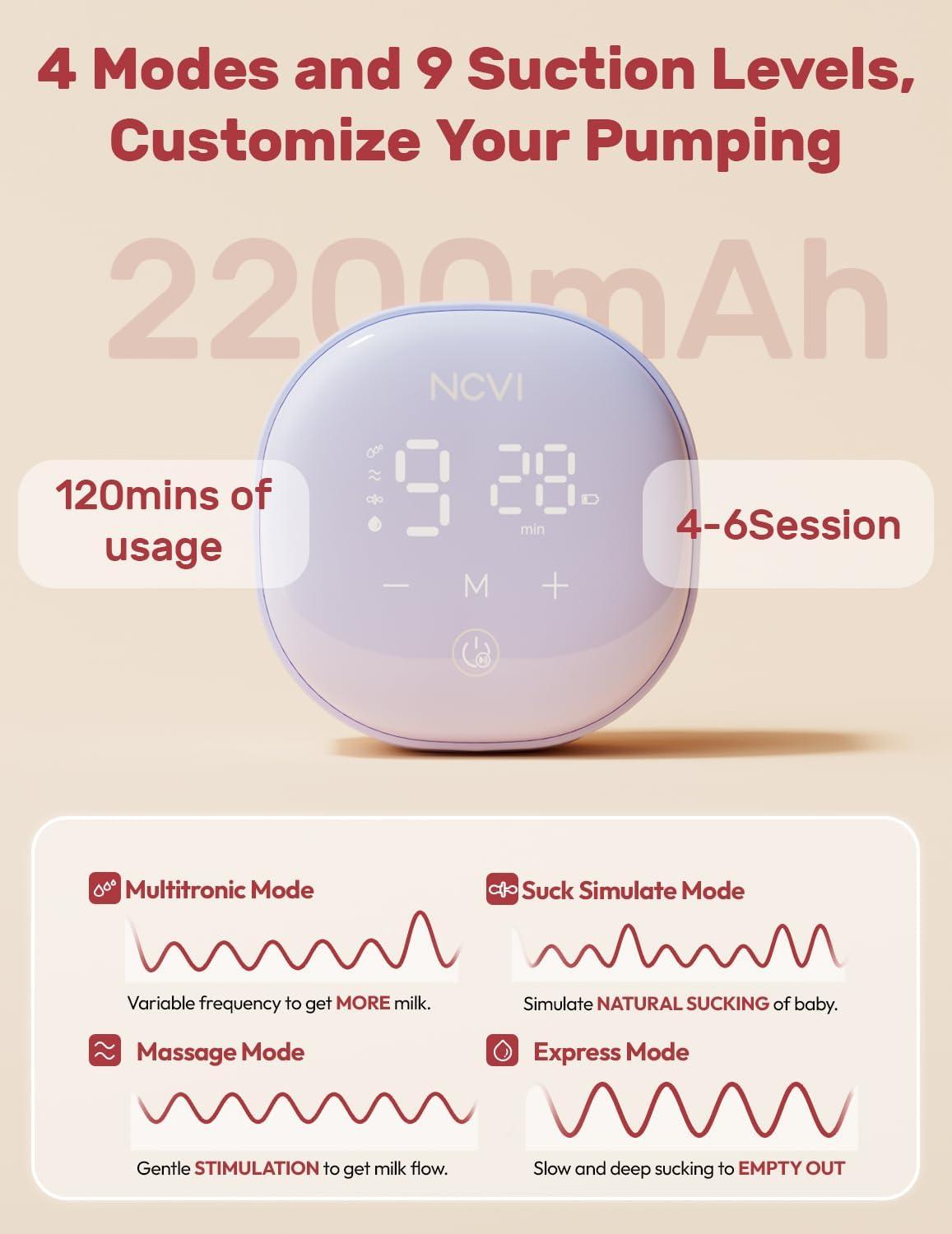image:imageNCVI Electric Breast Pump HandsFree Wearable Breast Pump with 2124mm Flange HospitalGrade Materal BPA Free Portable Breastfeeding Pump with 4 Modes 9 Levels for Home Office and Nursing Room