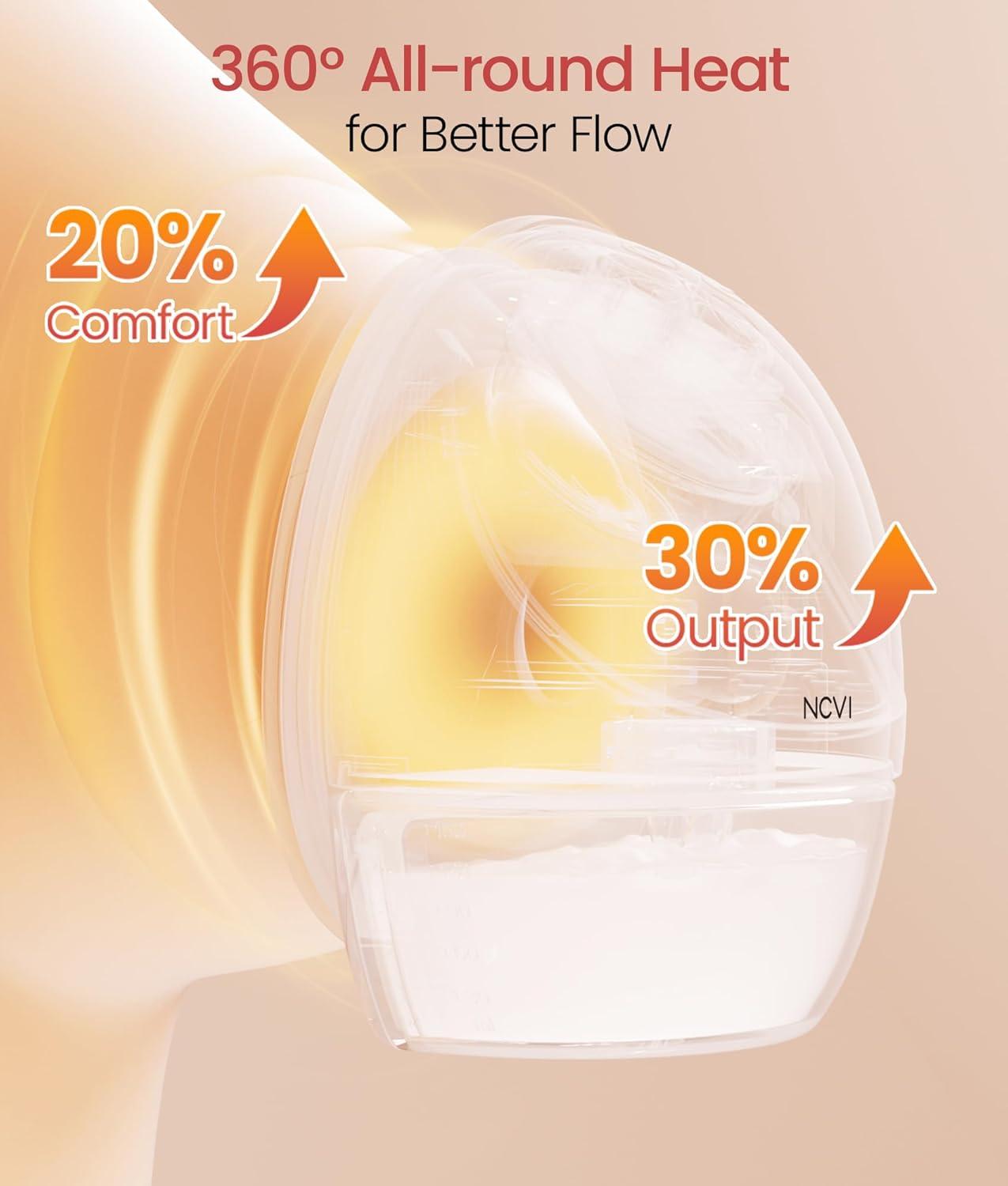 image:imageNCVI Heated HandsFree Breast Pump Wearable Warming Comfort HospitalGrade 300mmHg Suction Slim amp Quiet Electric Breastfeeding Pump 4 Modes 9 Levels Long Battery Life Fits 1928mm