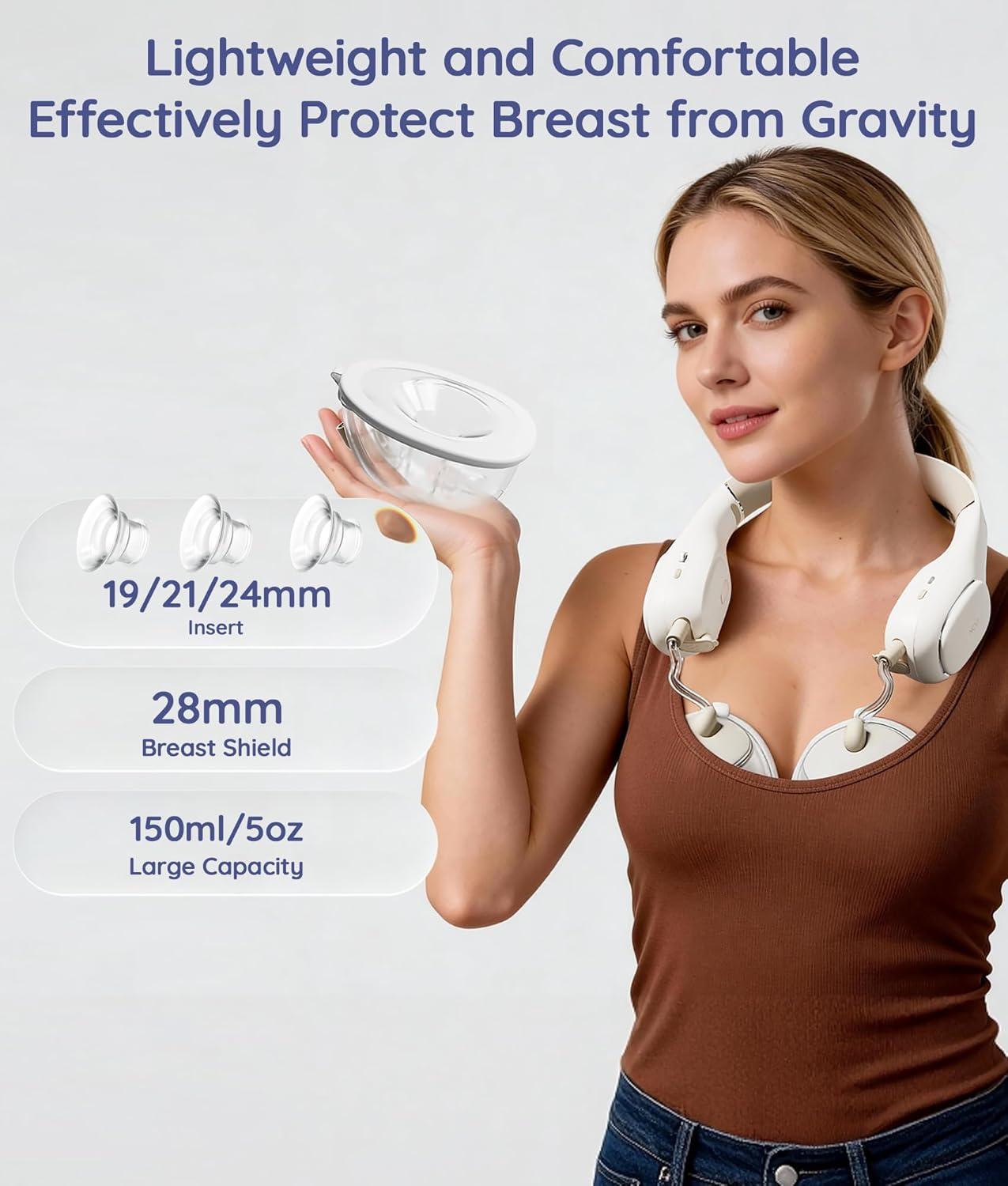 image:imageNCVI Neckband Automatic Breast Pump Hands Free Portable Wearable Electric Milk Breastfeeding Pump Machine for OfficeTravelHome Slim Collection Cups with 192124mm Silicone Flange Inserts