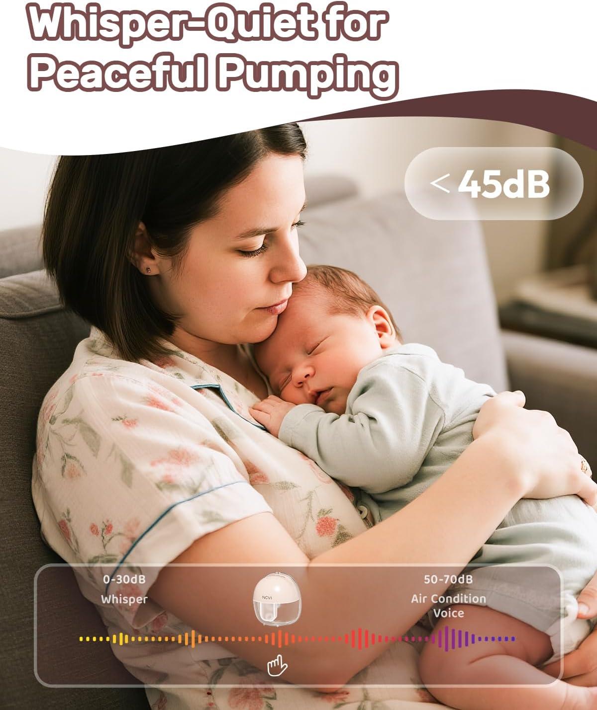 image:imageNCVI Wearable Hands Free Breast Pump 4 Modes amp 9 Levels with Multitronic Suction UltraQuiet lt42dB Long Battery Life 150min 2124mm Flange Insert Portable Electric Breastfeeding Pump for MomsAM8111