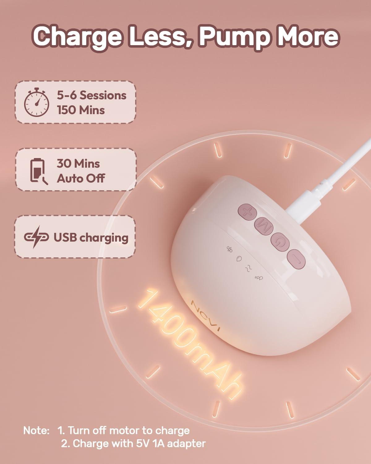 image:imageNCVI Wearable Hands Free Breast Pump 4 Modes amp 9 Levels with Multitronic Suction UltraQuiet lt42dB Long Battery Life 150min 2124mm Flange Insert Portable Electric Breastfeeding Pump for MomsAM8111