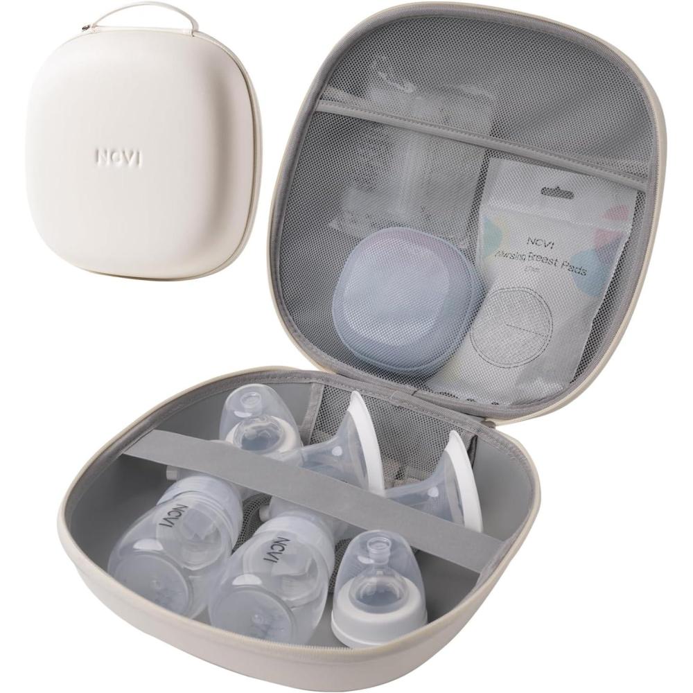 image:imageNCVI Breast Pump Carrying Case for Pump Parts and Bottles Portable Wearable Pump Travel Bag Organizer for Working Moms Durability Hard Shell Interior with 3 Compartments through Mesh Bag Beige