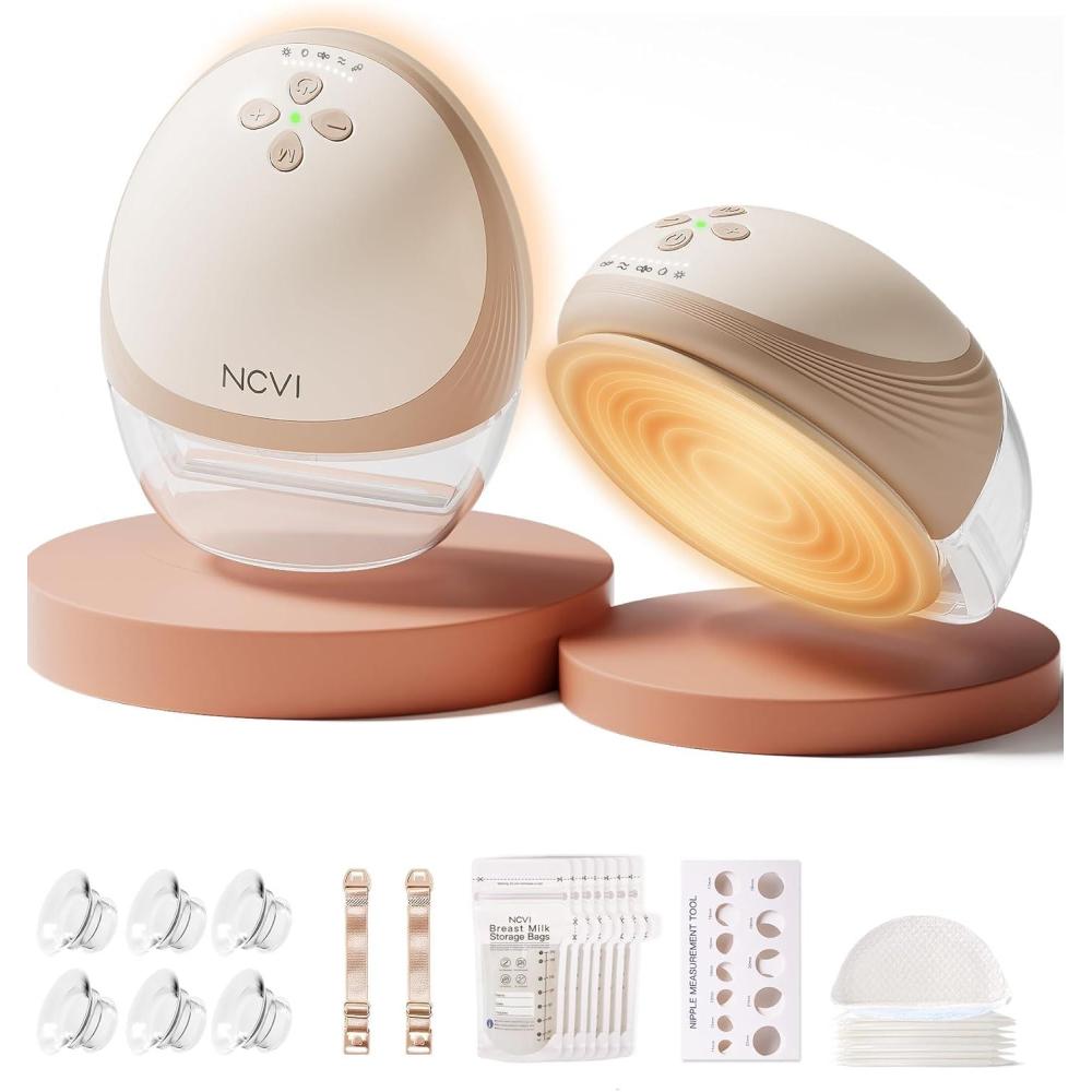 image:imageNCVI Security Heated Wearable Breast Pump HandsFree Breast Pump with Innovative HeatFlow HospitalGrade Suction Magnetic Charging Cable 4 Modes 9 Levels Portable Breastfeeding Pump for MomBrown