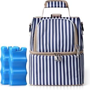 image:imageNCVI Breastmilk Cooler Bag with 2 Ice Pack Breast Pump Bag with Cooler Fits 6 Bottles Double Layer Breast Milk Baby Bottle Cooler Bag for Travel Nursing Mom Daycare Work Picnic StripeStripe