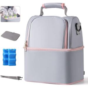 image:imageNCVI Breastmilk Cooler Bag with 2 Ice Pack Breast Pump Bag with Cooler Fits 6 Bottles Double Layer Breast Milk Baby Bottle Cooler Bag for Travel Nursing Mom Daycare Work Picnic StripeGrey