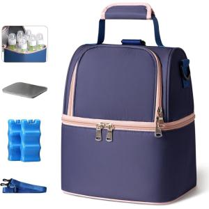 image:imageNCVI Breastmilk Cooler Bag with 2 Ice Pack Breast Pump Bag with Cooler Fits 6 Bottles Double Layer Breast Milk Baby Bottle Cooler Bag for Travel Nursing Mom Daycare Work Picnic StripePurple